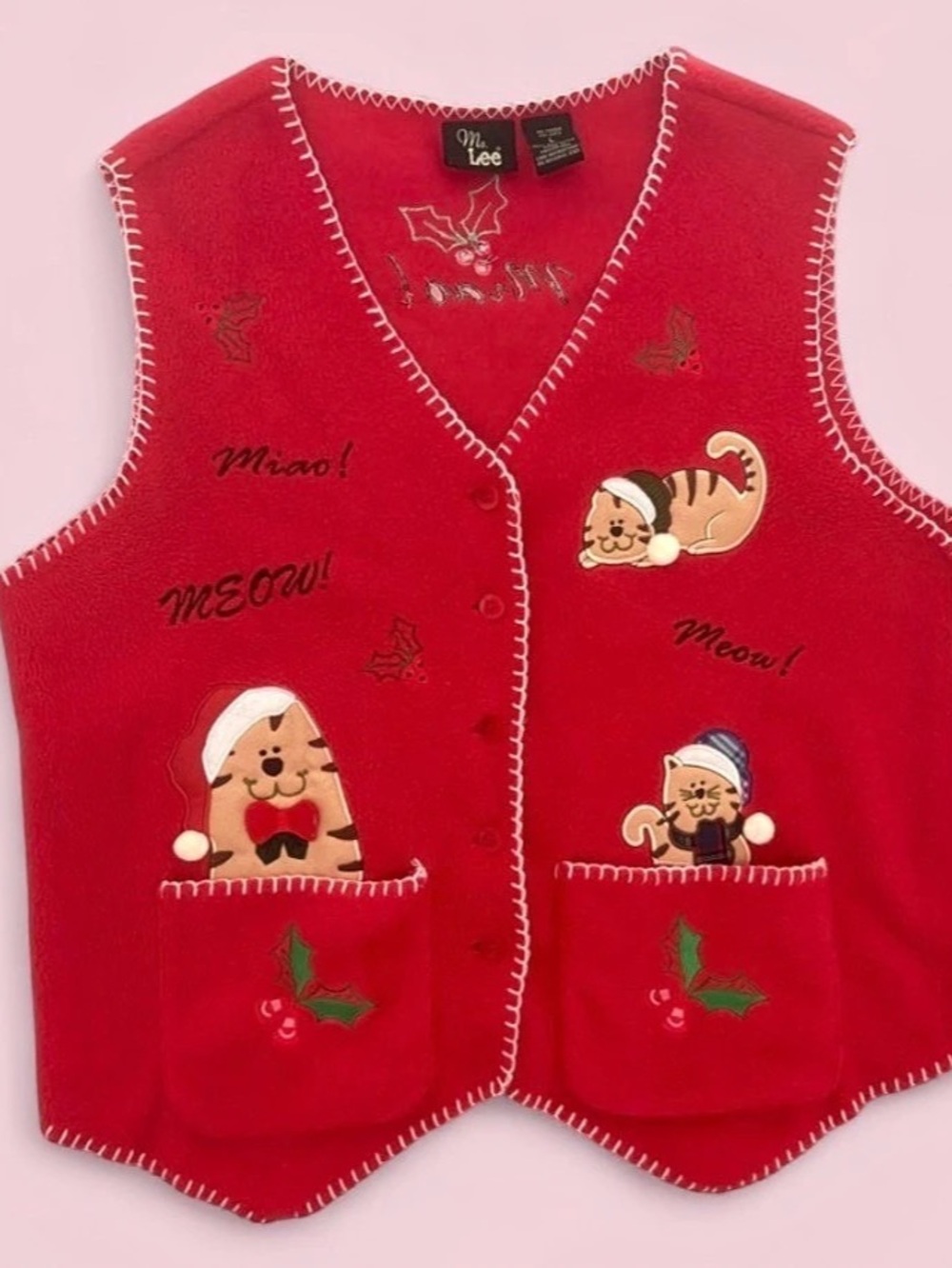 Vintage 90s Ms. Lee Christmas Cat Red Fleece Vest Size Large